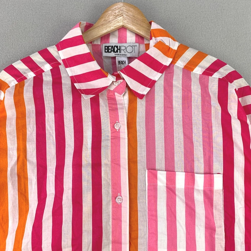 Beach Riot Striped Shirt Swim Cover Women L/XL Pink Orange Oversized Cotton